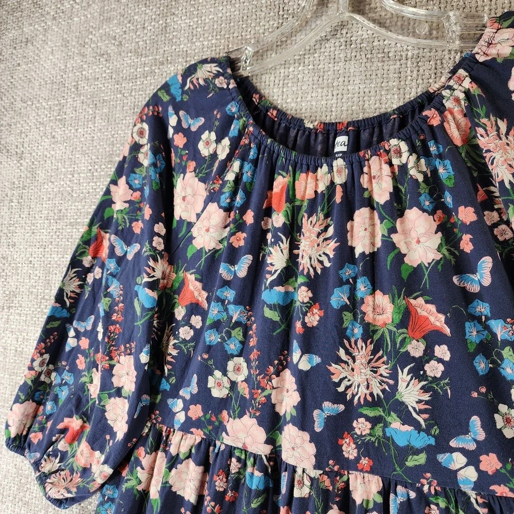 Tea Collection Womens S Blue Floral Midi Dress Stretch Knit Cottage 3/4 Sleeve - Picture 2 of 11